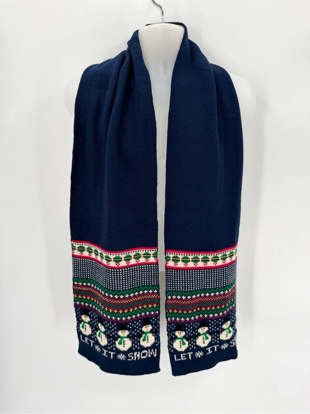 Christmas Scarf Snowman Navy Blue Knit Let it Snow Fair Isle Classic Kmart 70